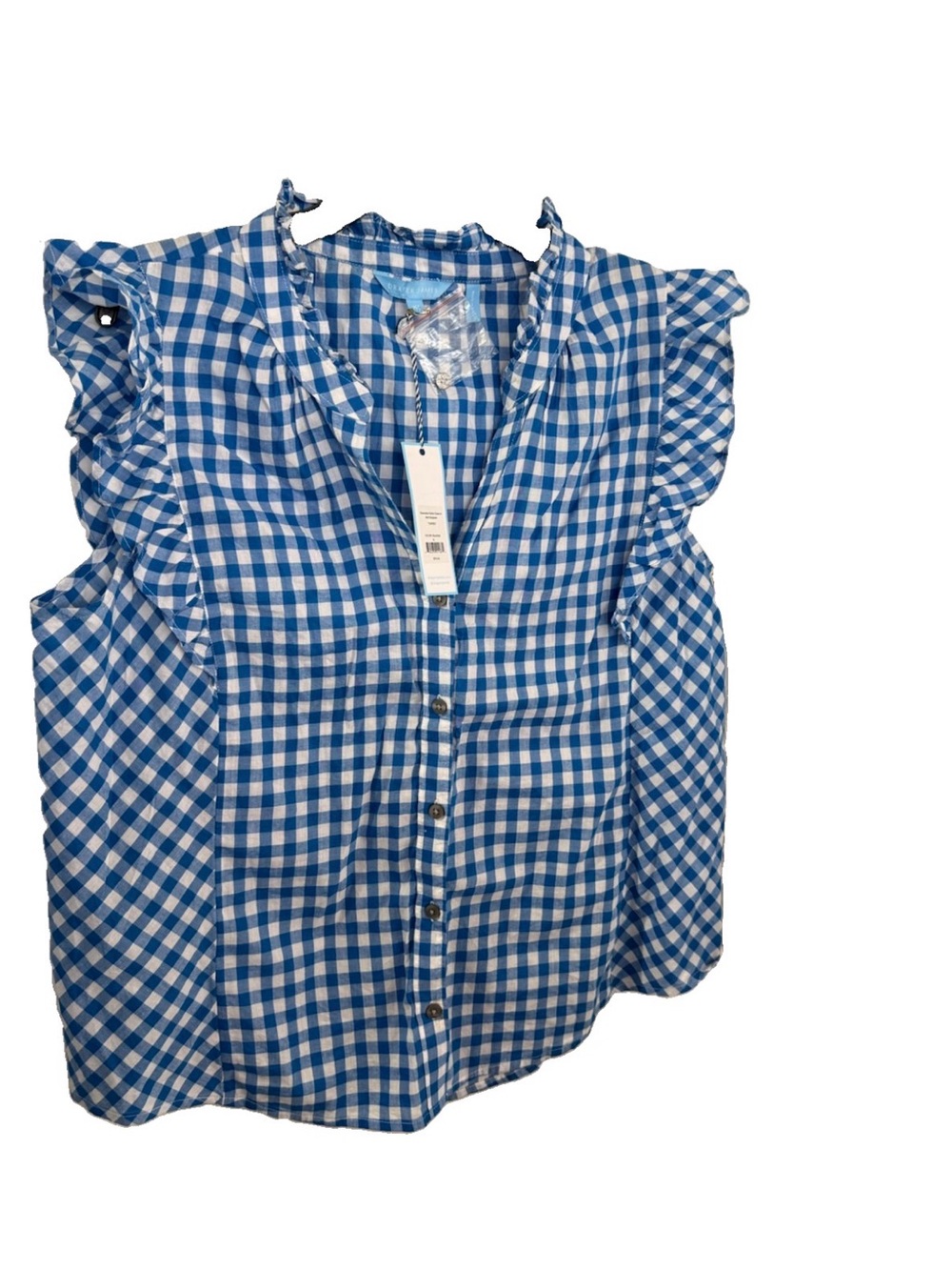 Draper James Blue and White Gingham Ruffle-Sleeve Button Down Top